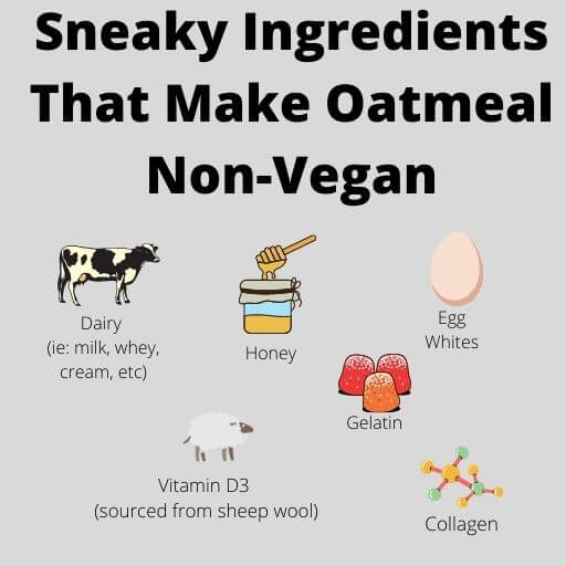 Graphic showing ingredients that make oatmeal non vegan.