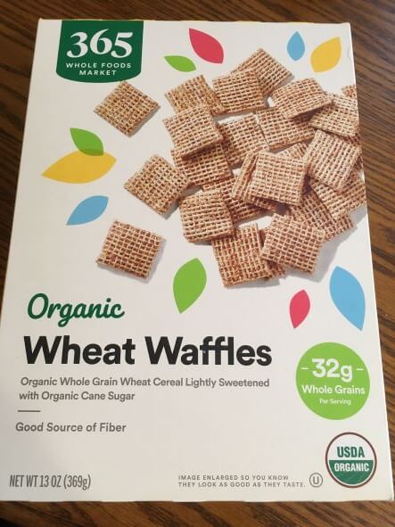 Picture of a box of 365 Whole Foods Market Organic Wheat Waffles