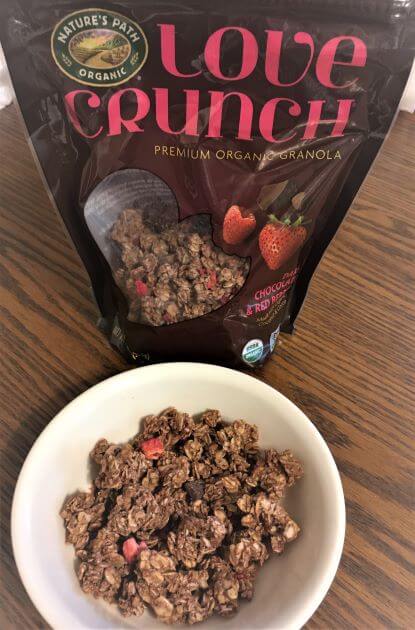 Picture of Natures Path Love Crunch Dark Chocolate & Red Berries package and some of the granola in a bowl