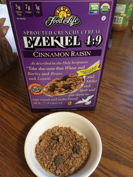 Picture of a box of Ezekiel 4 9 Cinnamon Raisin Cereal