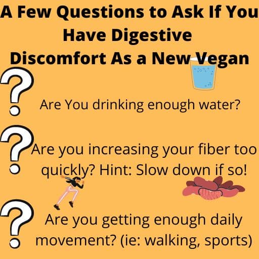 A few questions to ask if you have digestive discomfort as a new vegan: are you drinking enough water? Are you increasing your fiber too quickly (hint: slow down if so)? Are you getting enough daily movement (ie: walking, sports)