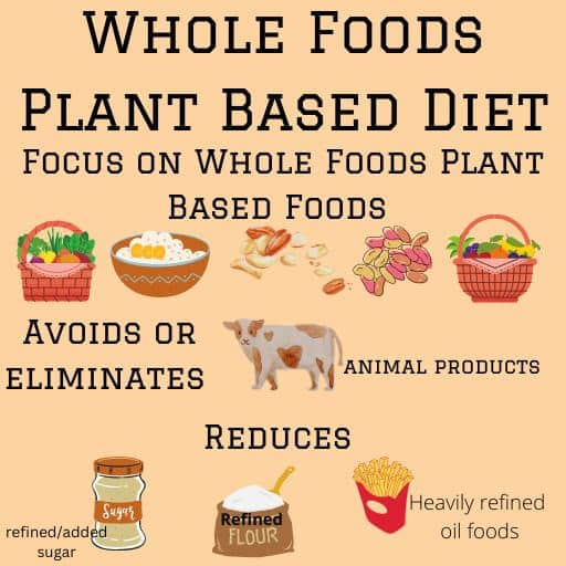 graphic with the words whole food plant based diet. it shows what is and isn't included on a whole food plant based diet (also written in text). The diet does not have an offical definition, but many concider it to be based on whole (less prosseed) plant based foods, elimiates or avoids animal products, and reduces added/refined sugars, refined flours, like white flour, and foods with lots of refined oils.