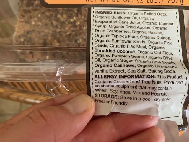 ingredients on a package of universal bakery sunrise energy bars