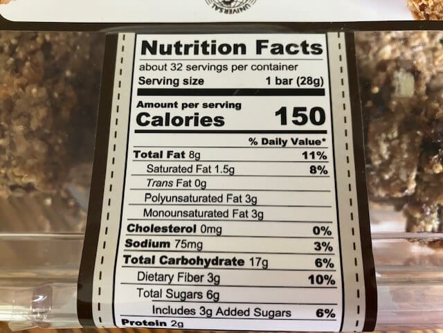 nutrition facts on a package of sunrise energy bars.