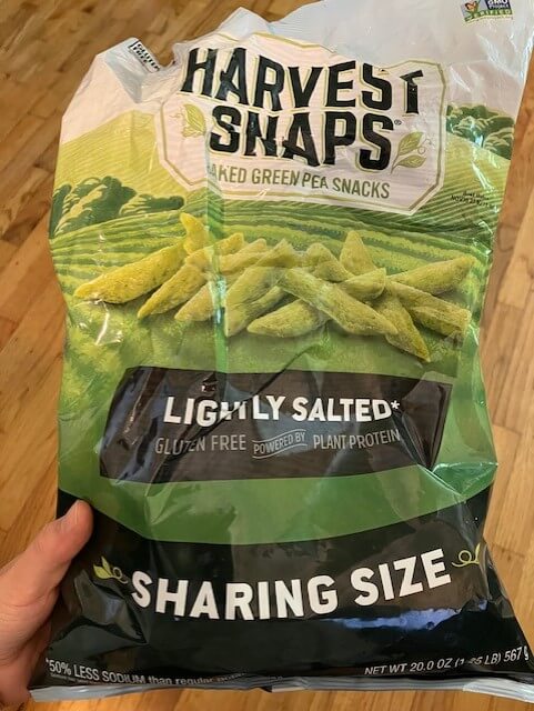 picture of a package of lightly salted harvest snaps baked green pea snacks
