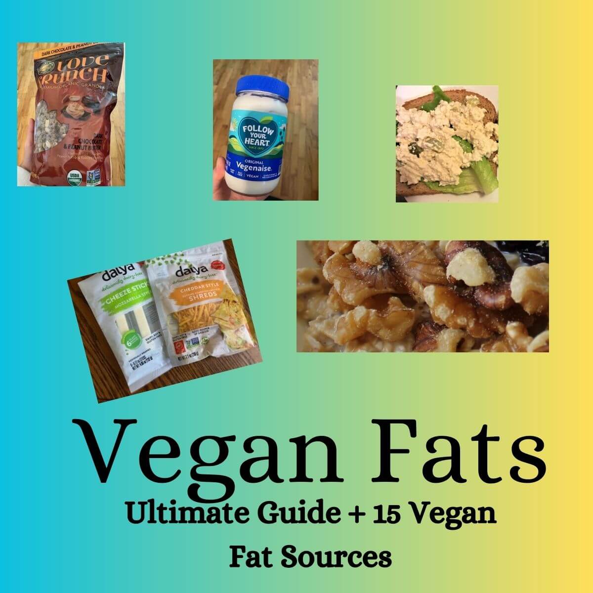 Text reads: Vegan Fats Ultimate Guide + 15 vegan fat sources. Pictures of vegan fat sources including vegan mayo, vegan cheese, nuts, tofu, and vegan granola.