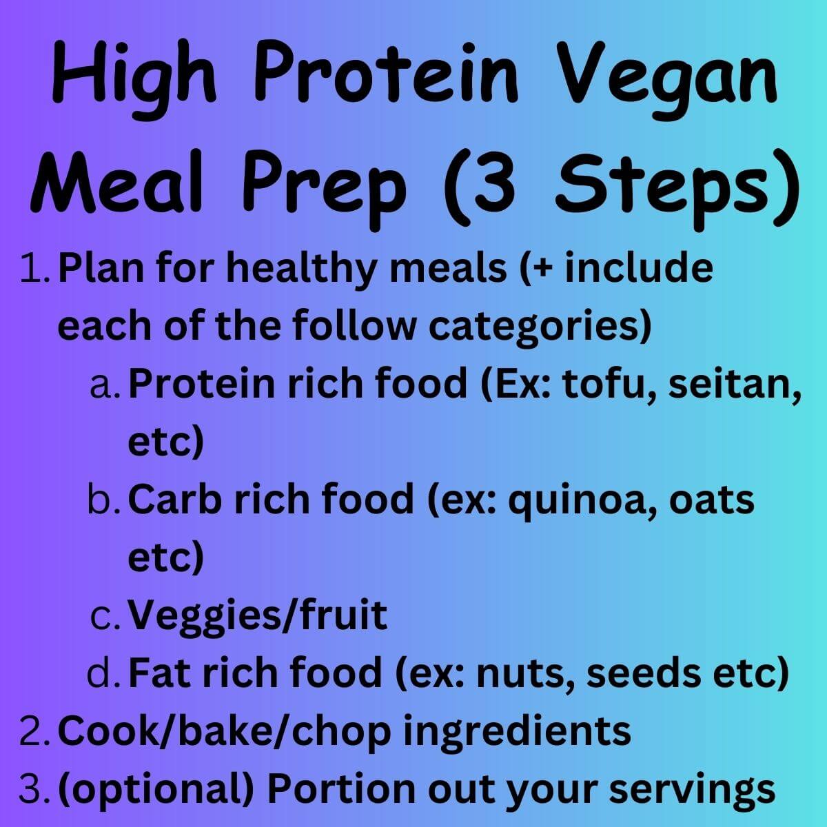 Text reads: High protein vegan meal prep (3 steps) 
The steps are summarized (also are written in the bottom text).