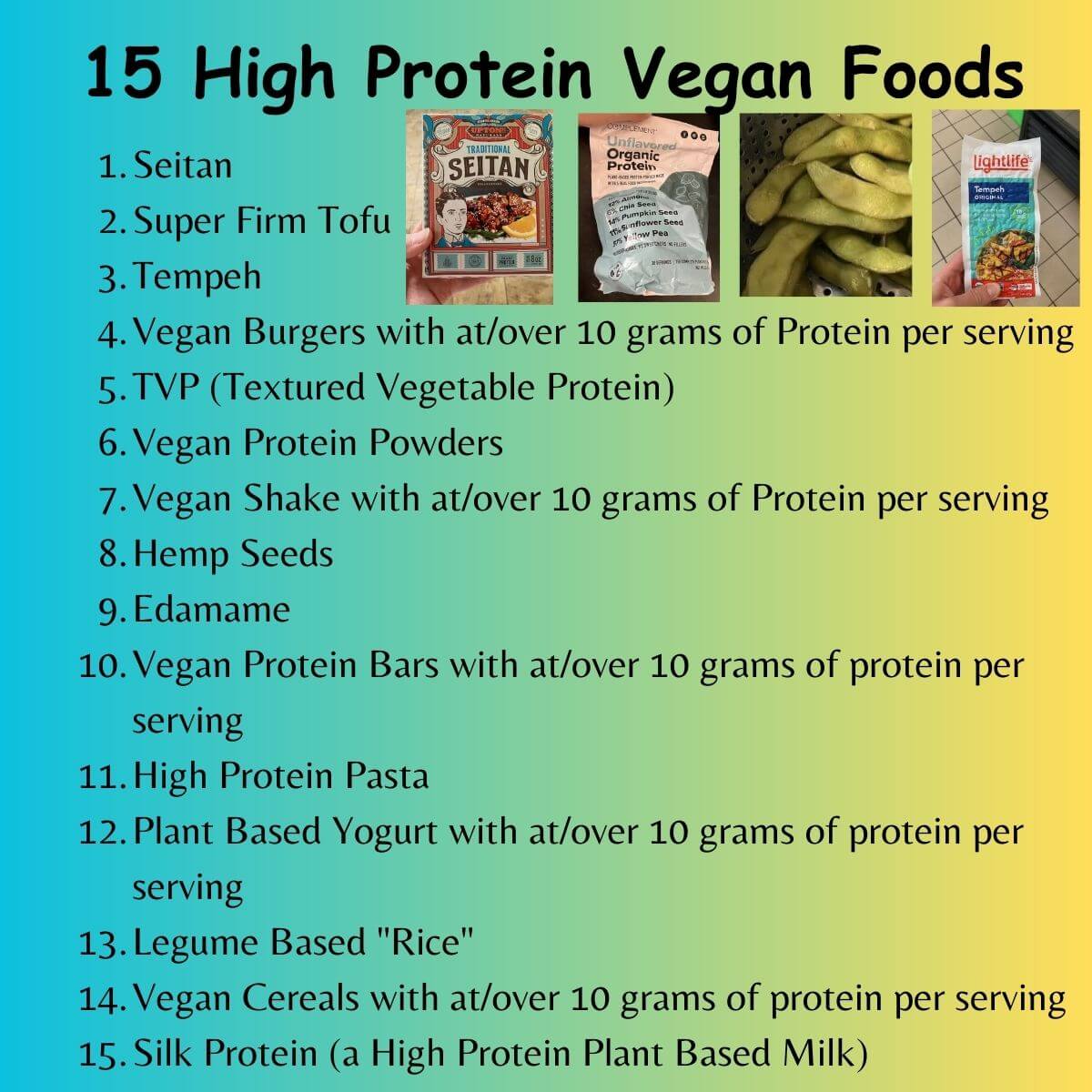 image listing 15 high protein vegan foods with a few images as examples (includes a picture of seitan, vegan protein powder, edamame, and tempeh). The list is written in the text of the blog post.