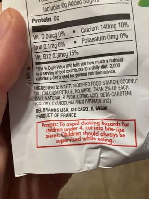Ingredients on a package of vegan Babybel