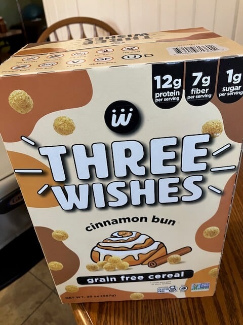 picture of a box of three wishes high protein cereal cinnamon bun flavor