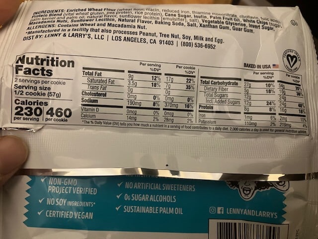 nutrition facts on the back of a lenny and larrys complete cookie white chocolate macademia flavor