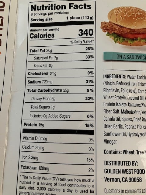 nutrition facts on the back of a package of skinny butcher crazy crispy chick n breasts