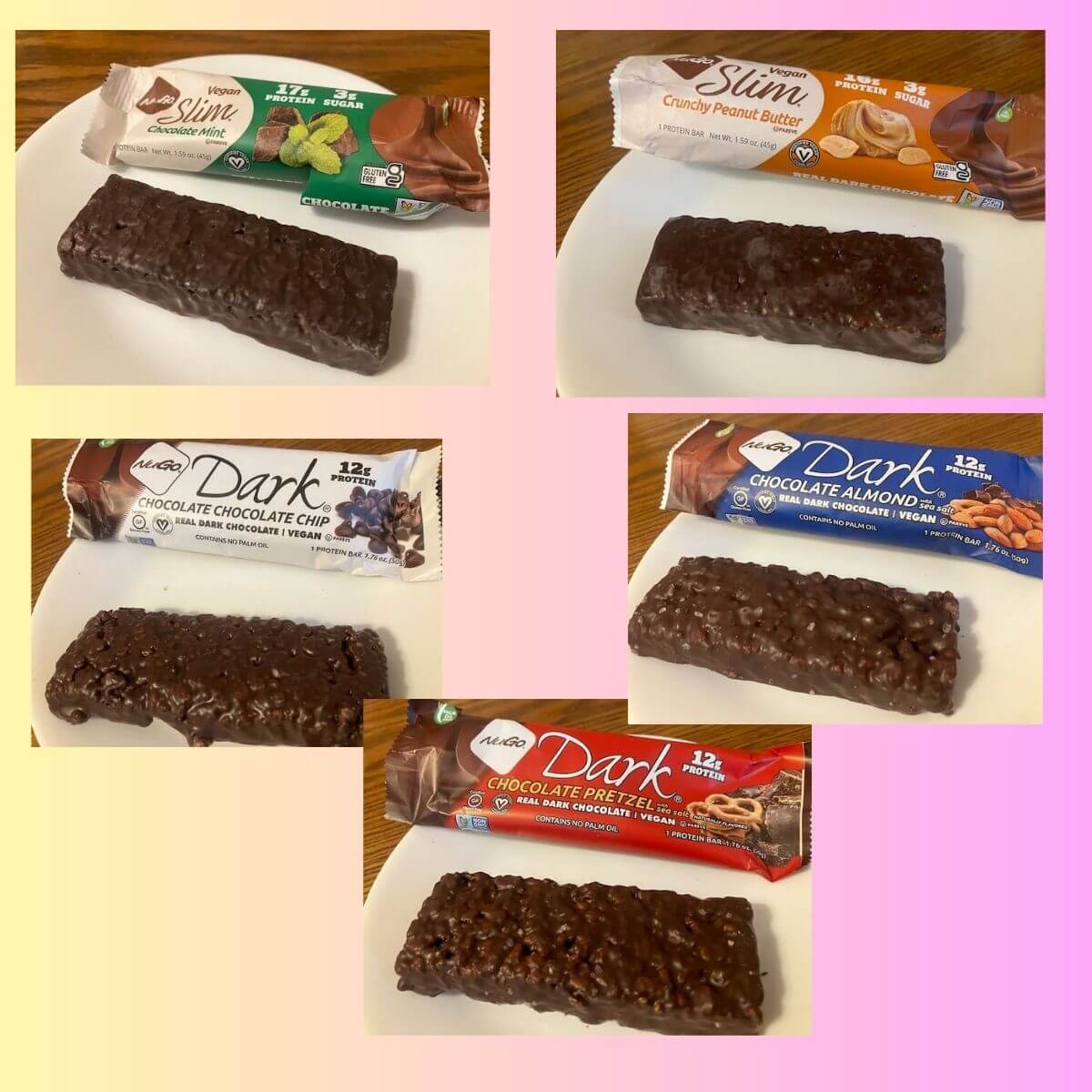 Pictures of Various Nugo Bars packages beside the bars unwrapped. Flavors include: nugo slim chocolate mint, nugo slim crunchy peanut butter, nugo dark chocolate chocolate chip, nugo dark chocolate almond, and nugo dark chocolate pretzel.