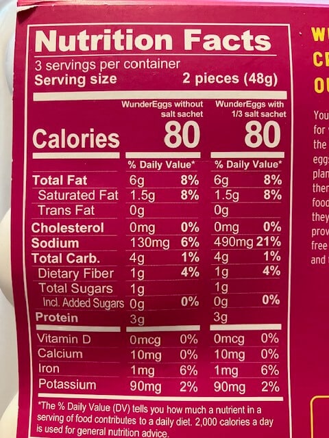 Picture of the nutrition facts on wunder eggs hard boiled package