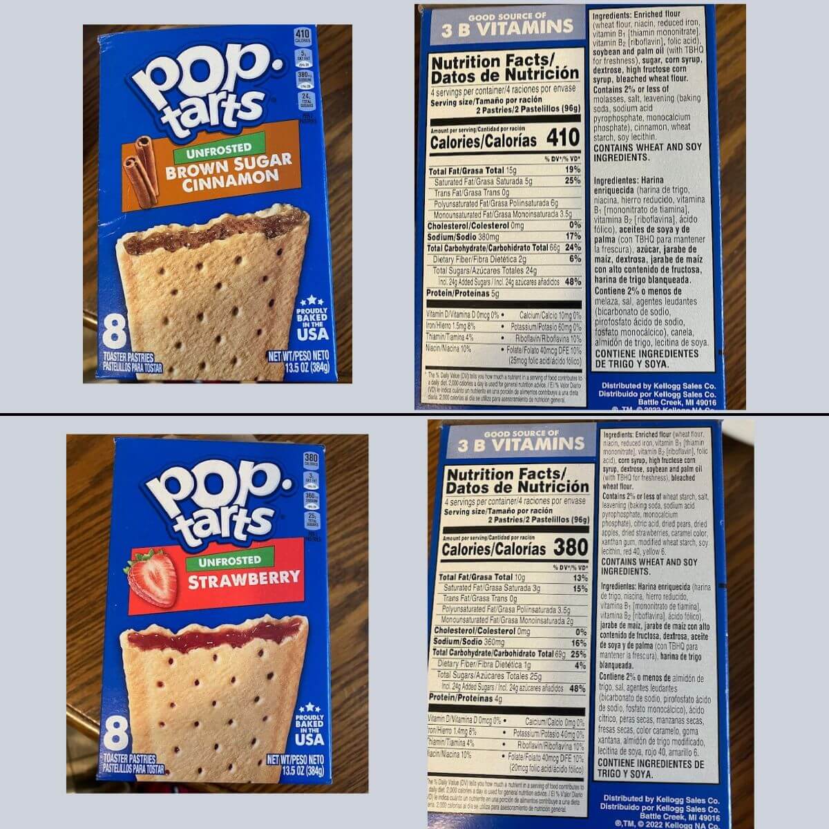 picture showing boxes of pop tarts unfrosted brown sugar cinnamon and strawberry flavored nutrition facts.