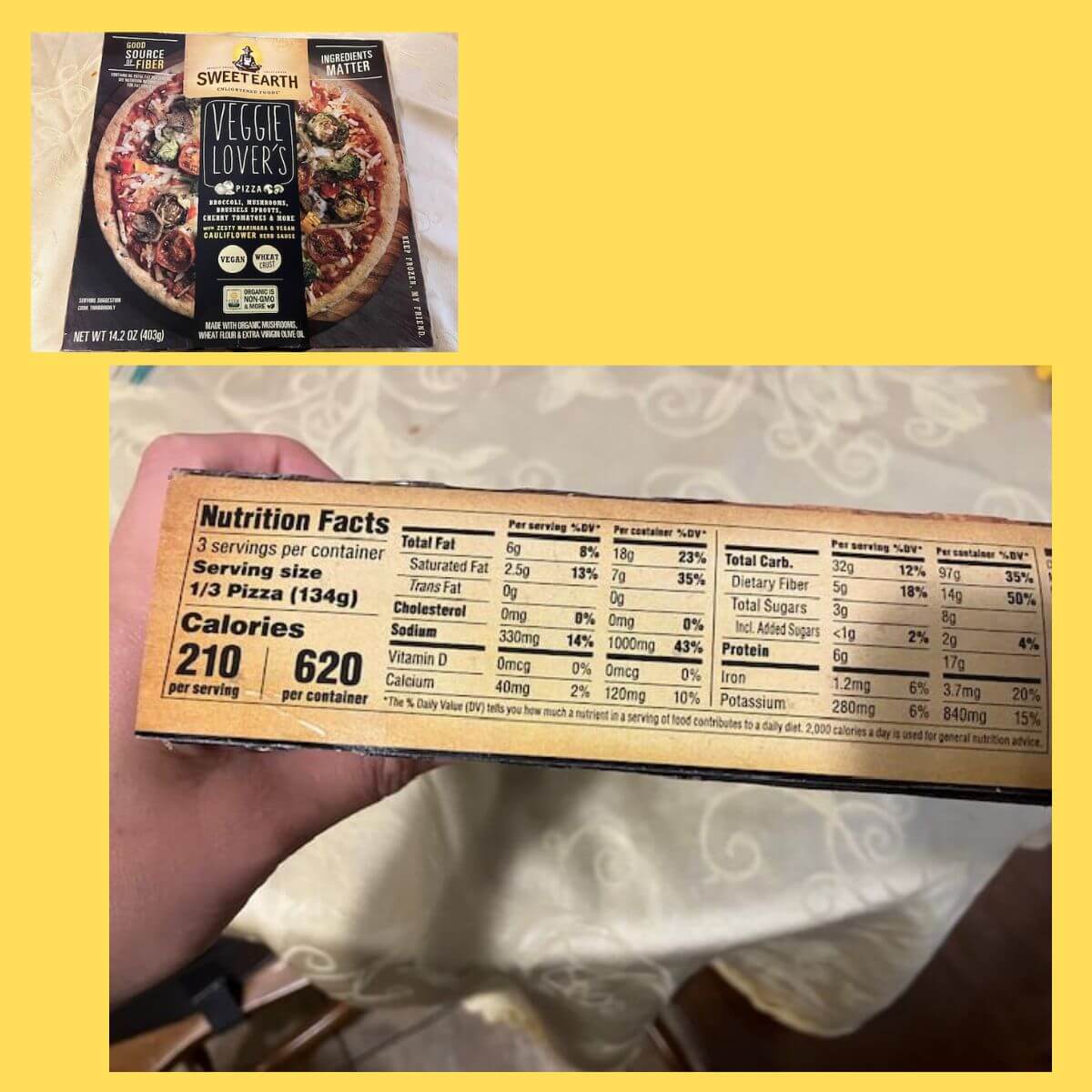 picture of the front of a sweet earth veggie lovers pizza box. and a bigger picture of a hand holding the box to the side to display the nutrition facts.