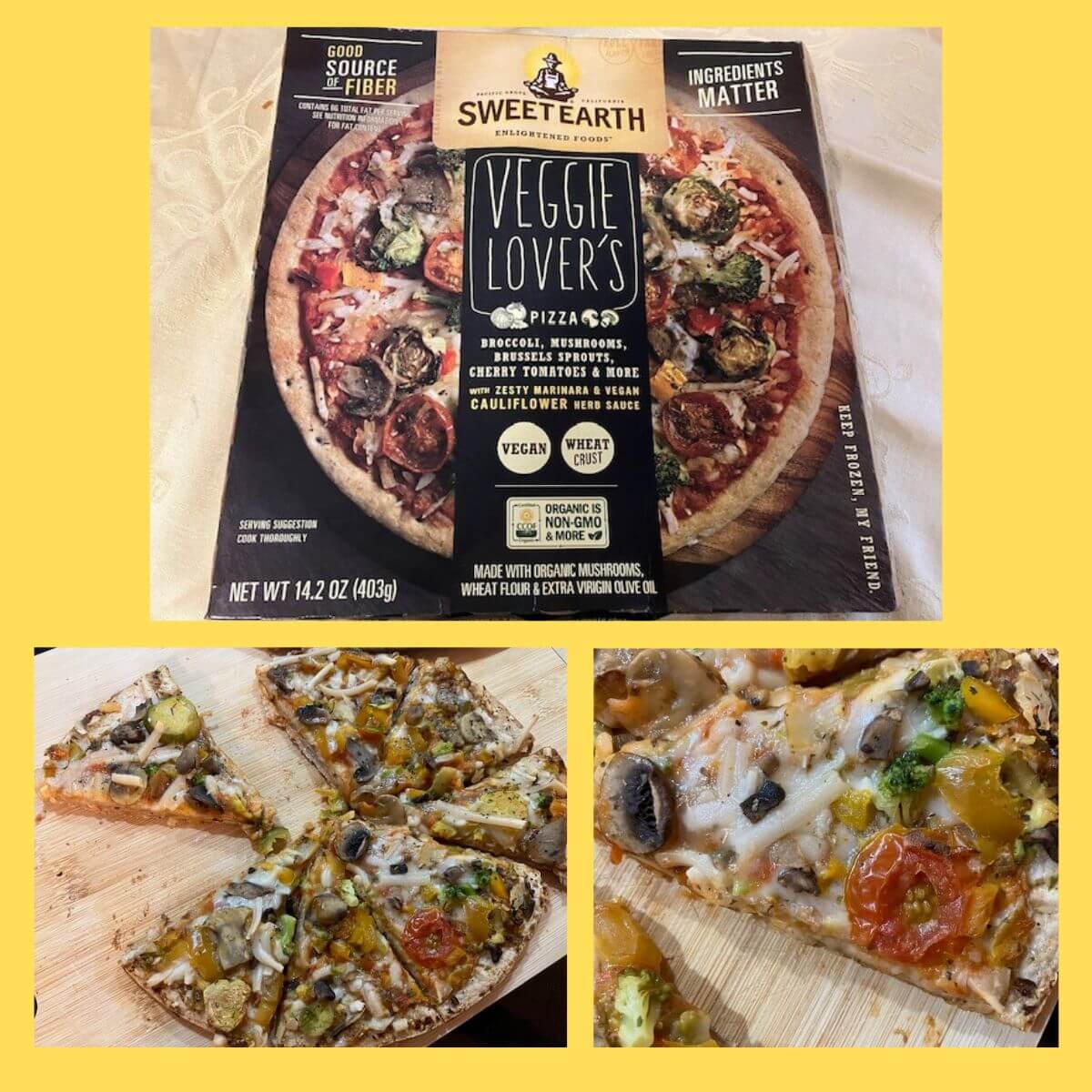 three pictures on a yellow background. 1 of a sweet earth veggie lovers pizza box. the second: most of the pizza on a cutting board, third picture: a close up of a slice of pizza.